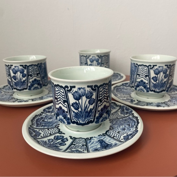 boch Other - Belgian Delft Boch Old Dutch Blue & White Floral Coffee Teacups and Saucer Set